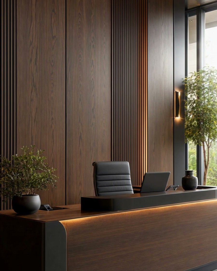 Ofis interyerida yongʻoq rangli King Plast 3D panellari